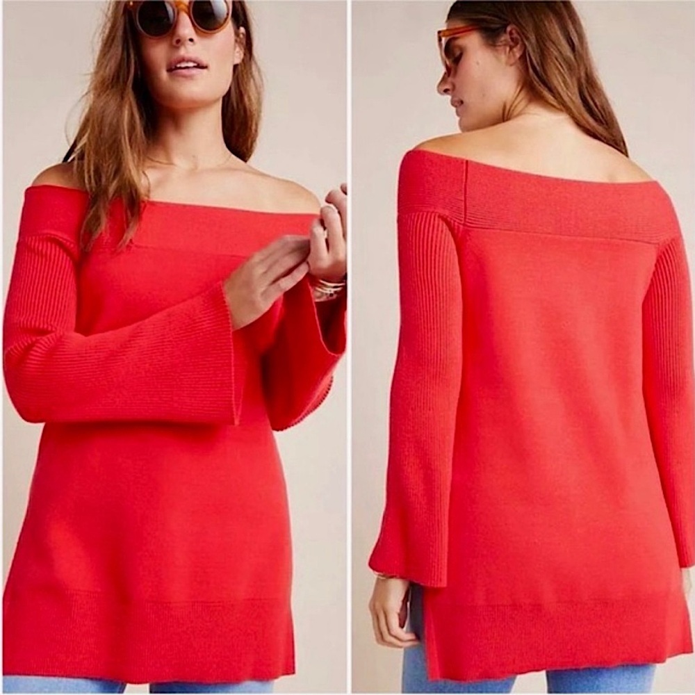 Anthropologie Elise Off The‎ Shoulder Sweater Ribbed Red Large